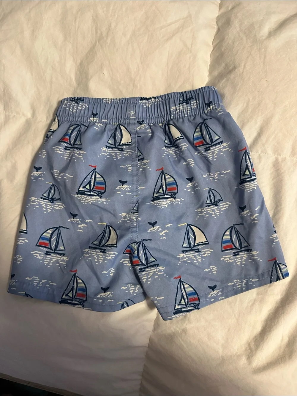 Light Blue Sailboat Kids Swim Trunks with Elastic Waist